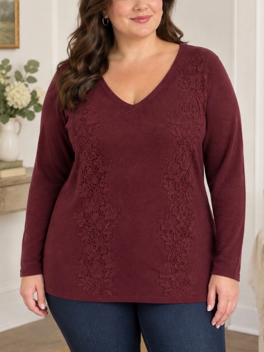 Lane Bryant Womens V-Neck Long Sleeve Burgundy Lace Panel Pullover Sweater 14/16